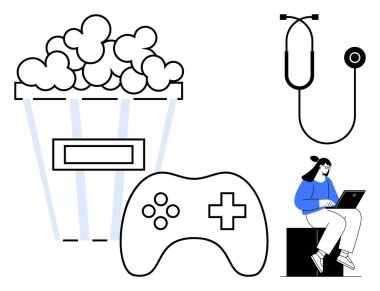 Patlamış mısır kovası, oyun kumandası, kulaklık ve rahatlama, eğlence ve odaklanma tasvir eden bir dizüstü bilgisayar üzerinde çalışan bir kadın. Eğlence için ideal, hobiler, oyun müziği gençlik yaşam tarzı sıradan iş