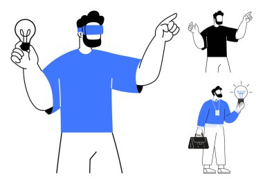 İnsanlar yaratıcı bir şekilde etkileşime giriyor, biri Ampul tutan VR gözlük takıyor, diğerleri beyin fırtınası yapıyor ve çözümler üretiyorlar. Yenilik, yaratıcılık, teknoloji, işbirliği, problem çözme için ideal