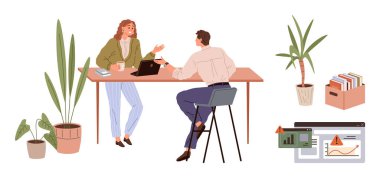 İki meslektaş bir masada dizüstü bilgisayarla sohbet ediyor, etrafı saksı bitkileri, dosyalar ve çizelgelerle çevrili. Takım çalışması, işbirliği, çalışma alanı organizasyonu, veri analizi ve planlama için ideal