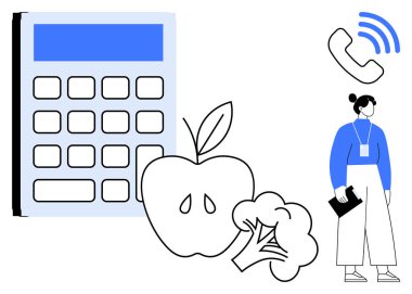 Hesap makinesi ve sağlıklı yiyecekler elmayı, brokoliyi ve telefon ikonu olan profesyonel bir kadını işaret ediyor. Sağlık planlaması, beslenme, diyet, sağlık, profesyonel hizmet için ideal