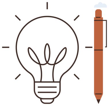 Ampulün yaydığı ışınlar kahverengi bir kalemin yanında klipsli yeniliği simgeliyor. Yaratıcılık, beyin fırtınası, problem çözme, icat, yenilik, eğitim, basit düz metafor