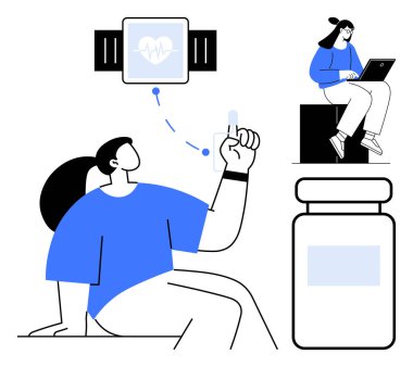 Sağlıklı veriler için akıllı ayakla etkileşimde olan bir kişi yakınlardaki bir laptopta ilaç şişesi üzerinde çalışıyor. Sağlık hizmetleri yeniliği, fitness, teletıp, sağlık alışkanlıkları, teknolojik benimseme, uzaktan kumanda için ideal