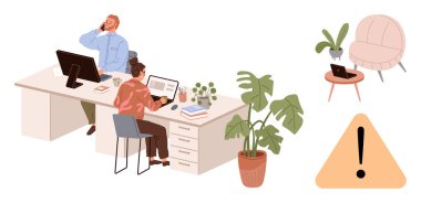 Ofis çalışanları, kapalı masa ve mobilyalarla çevrili ortak masalarda görevlerle meşguller. Uyarı işareti vurgu yapıyor. Takım çalışması, üretkenlik, işyeri güvenliği, işbirliği, modern