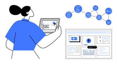 Tableti çizelgelerle analiz eden kadın, tedarik süreci için zincir akış simgeleri. Masaüstü paneli ortam, grafikler ve operasyonel verileri vurgular. Lojistik, analiz ve iş akışı için ideal