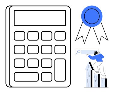 Hesap makinesi, başarı kurdelesi, arama çubuğu ve oklarla bireysel büyüme analizi. İş, finans, eğitim, analitik, yenilik üretkenliği için ideal başarı. Temiz ve basit bir daire