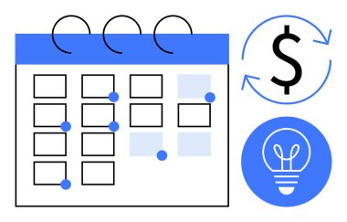 Noktalı minimalist takvim, dolar işareti ve parlayan ampul. Planlama, zamanlama, zaman yönetimi, verimlilik, bütçe oluşturma, strateji görselleştirme için ideal basit bir iniş sayfası