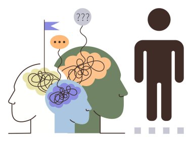 Karmaşık çizgileri olan üç soyut insan kafası, bir bayrak, konuşma baloncukları ve bir siluet figürü. Akıl sağlığı, karar verme, takım çalışması, iletişim ve beyin fırtınası için ideal.