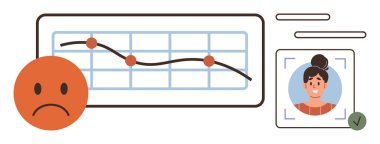 Aşağı doğru eğilimli çizelge, olumsuz sonuçları gösteren üzgün yüz, doğrulama işaretli kullanıcı profili fotoğrafı. Performans, geri bildirim, kullanıcı analizleri, kimlik, duygular, ilerleme için ideal