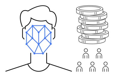 Geometrik desenli yüz taraması, bozuk para yığını, bir grup insan. Teknoloji, yenilik, kimlik, yüz tanıma, monetizasyon veri güvenlik analizleri için idealdir. Basit düz metafor