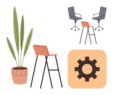 Tencereye bitki, yüksek tabure, iki ofis sandalyesi ve yaratıcılığı, tasarımı, çalışma alanını, yeniliği, takım oluşturmayı, organizasyonu ve modern düz bir metaforda odaklanmayı sembolize eden dişli ikonu.