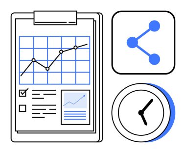 Çizelge, grafik ve saat işaretli pano, bağlantı simgesini simgeliyor. Veri analizi, verimlilik, verimlilik, planlama, takım çalışması, teknoloji sade iniş için ideal