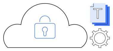 Kilitli bulut çizgisi güvenli veri deposunu temsil ediyor. Vites ve belgeler gizlilik, erişim kontrolü, teknoloji, siber güvenlik, bulut hesaplama ve dijital çözümleri sembolize eder. IT için ideal