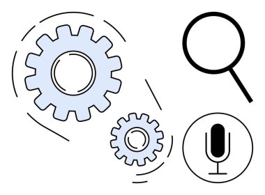 Birbirine kenetlenmiş iki vites, bir büyüteç ve takım çalışmasını temsil eden bir mikrofon ikonu, yenilik, teknoloji, iletişim, arama optimizasyonu, kullanıcı etkileşimi ve basit bir iniş sayfası.