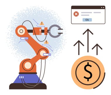 Robotik kol, açılır pencere üzerinde bir uyarı mesajı ve yukarı bakan oklarla finansal büyüme göstergesi ile birlikte görevleri yerine getiriyor. Teknoloji, yenilik, endüstri ve yapay zeka için ideal.