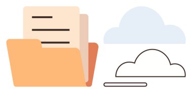 Belgeli dosya dizini fiziksel depolamayı simgeler, bağlı bulut simgesi dijital erişimi önerir. Veri yönetimi, organizasyon, bulut eşleşmesi, arşivleme, teknoloji, depolama için ideal