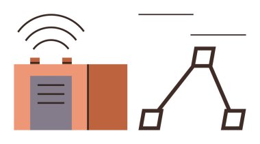 Kablosuz cihaz bağlı düğümlerle basit bir ağ yapısının yanında sinyal gönderiyor. Teknoloji, iletişim, bağlantı, veri akışı, IoT kurulumu, sinyal iletimi için ideal