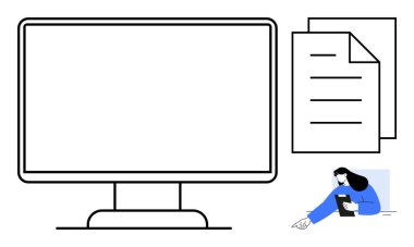 Bilgisayar monitörü, belgeler ve bilgileri gözden geçirmek için tablet kullanan biri. Uzak çalışma, üretkenlik, dijital araçlar, teknoloji, iş akışı, veri analizi için ideal basit iniş sayfası