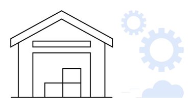 Depo çizgisi, içinde istiflenmiş kutular var. Yanında da vites simgeleri var. Lojistik, envanter, depolama, tedarik zinciri, işlemler, verimlilik ve otomasyon için ideal. Basit düz metafor