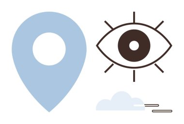 Göz, küçük bulut ve hareket çizgileriyle mavi bir konum belirleyicisini gözlemliyor. Navigasyon, gözlem, vizyon, seyahat, gözetleme, gelecek planlama güvenliği için ideal. Basit düz metafor