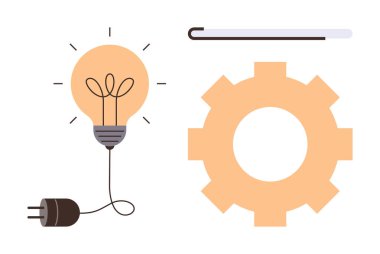 Fiş bağlantısı olan ampul, büyük teçhizat ve asgari tasarım çubuğu. Yenilik, teknoloji, yaratıcılık, takım çalışması, problem çözen enerji verimliliği için idealdir. Basit düz metafor