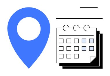 İşaretli günleri ve minimum çizgileri olan bir masa takviminin yanında mavi bir lokasyon iğnesi. Zamanlama, planlama, organizasyon, teslim tarihleri, zaman yönetimi, etkinlik koordinasyonu, navigasyon için ideal. Basit düz