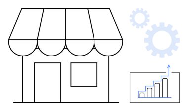 Tenteli bir dükkan yapısı, işlevselliği sembolize eden vitesler ve büyümeyi gösteren yukarı doğru bir grafik. İş, perakende, başarı, strateji, girişimcilik, yenilik ekonomik ilerleme için ideal