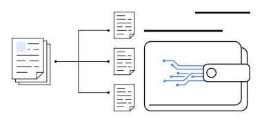 Evraklar dijital yollardan güvenli bir depoyu temsil eden elektronik bir cüzdana bağlanıyor. Veri yönetimi, dijital güvenlik, fintech, engelleme zinciri, dosya paylaşımı, bilgi akışı için ideal