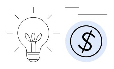 Dairesel dolar işaretinin yanında ışık saçan bir ampul. İş, finans, yaratıcılık, yenilik, yatırım, girişimcilik ve strateji için idealdir. Basit düz metafor