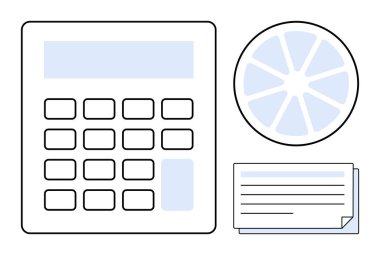 Sayısal tuş takımı, pasta grafiği ve bütçe, maliyet analizi veya finansal planlamayı temsil eden istiflenmiş kağıtlarla hesap makinesi. Finans, muhasebe, iş ve istatistik eğitimi için ideal