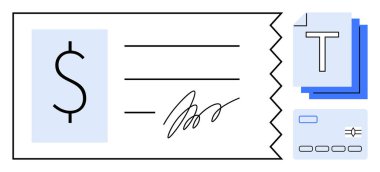 İmza, para birimi sembolü, metin blokları ve ödeme kartıyla kontrol et. Finans, bankacılık, çevrimiçi ödeme, faturalar, e-ticaret işlemleri için ideal basit iniş sayfası