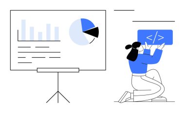 Mavi çubuk grafiğine bakarken geliştirici kodlaması, beyaz tahta sunumunda pasta grafiği. Veri analizi, proje yönetimi, kodlama, istatistik, iş büyümesi, programlama, basit iniş için ideal