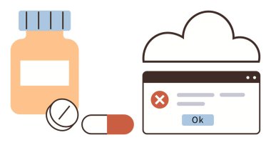 İlaç şişesi, kapsül, hap, bulut elementi ve web arayüzündeki hata mesajı. Teknoloji, sağlık, hata raporlama, veri güvenliği, teletıp ilaçları için ideal. Basit bir tedbir.