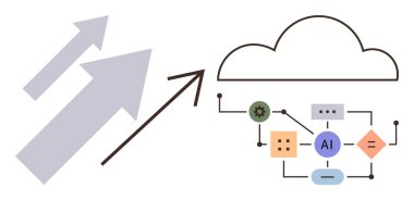 Yapay zeka ağı düğümleri, veri akışı ve süreçlerle entegre olmuş bir bulutu gösteren oklar. Teknoloji, yapay zeka büyümesi, bulut hesaplaması, yenilik, veri yönetimi, bağlantı ve ticaret için ideal