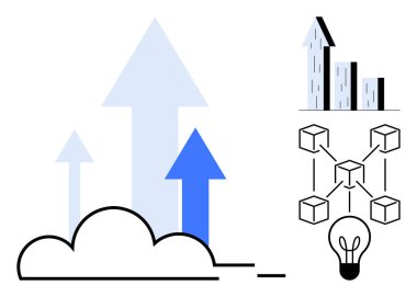 Buluttan yükselen oklar, büyüyen bar çizelgesi, birbirine bağlı ağ küpleri ve ampul simgesi. Yenilik için ideal, teknoloji, engelleme zinciri, bulut hesaplama, büyüme işi basit iniş sayfası