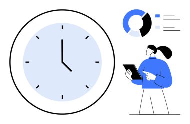 Büyük saat, tablet üzerinde profesyonel inceleme verileri, pasta grafiği. Zaman yönetimi, verimlilik, proje planlaması, iş akışı analizi, takım koordinasyonu, veri görselleştirme basit iniş sayfası