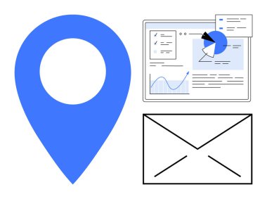 Konum broşu, grafikler ve zarf simgesi olan gösterge paneli. Navigasyon, analitik, iletişim, iş, raporlama, pazarlama veya basit bir iniş sayfası için ideal