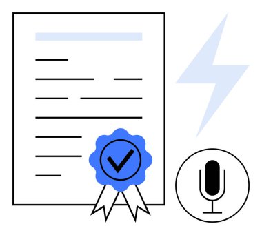 Mavi kurdele işaretli sertifika, yıldırım ve mikrofon simgesi. Sertifika, onay, otorite, ses kaydı, enerji, iletişim için ideal basit iniş sayfası