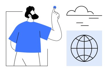 Görsel elementlerle etkileşim halinde olan bir adam bulut ve dünya sembolünü işaret ediyor. Küresel iletişim için ideal, dijital yenilik, teknoloji ağı, bulut sistemleri, bağlantı, modern teknoloji, basit düz