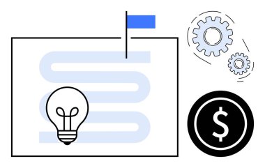 Ampul diyagramı, bayrak, dişliler ve dolar işareti yenilik, planlama, sistem optimizasyonu ve finansal başarıyı sembolize ediyor. Strateji için ideal, iş finansmanı yenilikçilik verimliliği