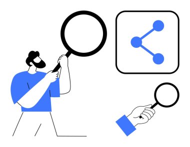 Elinde büyüteç tutan adam analiz ya da bağlantı için sosyal paylaşım simgesini inceliyor. Teknoloji, ağ oluşturma, araştırma, veri paylaşımı, işbirliği, dijital etkileşim, basit iniş için ideal