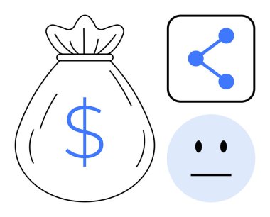 Serveti simgeleyen para çantası, bağlantıyı temsil eden ikonu paylaşma ve finansal duyguları ifade eden tarafsız yüz. Finans, teknoloji, bağlantı, ekonomi ve sosyal medya için ideal
