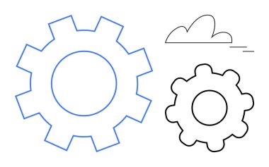 İki farklı boyutta vites, biri mavi çizilmiş, bulut şeklinin yanında. Teknoloji, endüstri, takım çalışması, işbirliği, sistemler, yenilik verimliliği temaları için ideal basit düz metafor