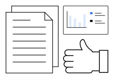 Kağıtlar yığını, çubuklu ve veri noktalı analitik çizelge, onay veya başarı için onay simgesi. Çalışma akışı, üretkenlik, analitik, inceleme, ilerleme, geri bildirim ve basit iniş sayfası için ideal