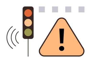 Kırmızı, sarı, yeşil, dalgalı trafik ışığı, ünlem işaretli büyük üçgen uyarı işareti, yaya geçidi blokları. Güvenlik, ihtiyat, tetikte olma, yol işaretleri ulaşım iletişimi için ideal