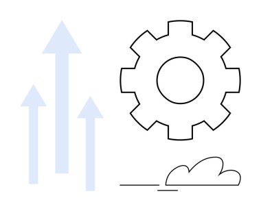 Dişliler yukarı doğru giden oklarla birlikte bir bulutun yakınındaki büyüme, yenilik ve verimliliği simgeliyor. Teknoloji, ilerleme, başarı, takım çalışması, verimlilik, kalkınma için ideal