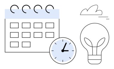 Dairesel tarihli takvim, basit saat ve parlayan ampul simgesi. Program, son teslim tarihi, verimlilik, zaman yönetimi, yenilik, basit bir iniş sayfası için ideal