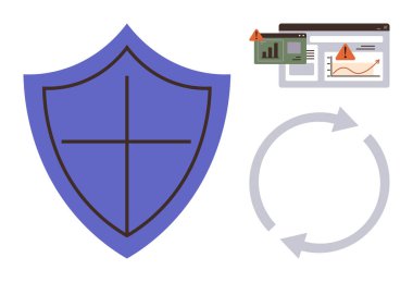 Güvenlik için büyük bir kalkan, uyarı alarmlı iki tarayıcı ekranı ve sürekli güncellemeleri sembolize eden dairesel oklar. Güvenlik, veri koruması, risk yönetimi, teknoloji ve tetikte olmak için ideal
