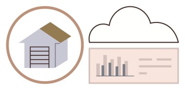 Bulut çizgisi ve veri tablosunun yanında depo yapısı. Lojistik, teknoloji, bulut hesaplama, veri yönetimi, analitik, akıllı depolama, envanter takibi için ideal. Temiz düz metafor