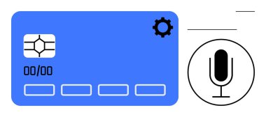 Çipli mavi ödeme kartı, kişiselleştirme için vites simgesi ses komutlarını gösteren mikrofon. Finans, teknoloji, ödeme sistemleri, dijital bankacılık, güvenlik, yenilik için ideal