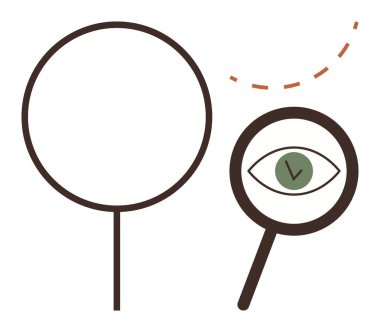 Büyüteç, çemberin içinde yeşil bir göze işaret ediyor odak, teftiş, berraklık ve dikkati sembolize ediyor. Araştırma, görme, detay ve gözlem analizi için ideal basit düz